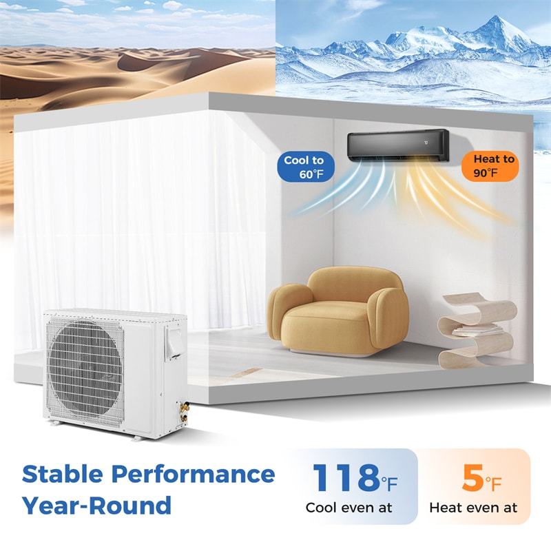 12000 BTU Mini Split Air Conditioner & Heater, 21 SEER2 Energy Star Certified Inverter Split AC with Heat Pump, Cools 750 Sq.Ft Bedroom, Home, Office