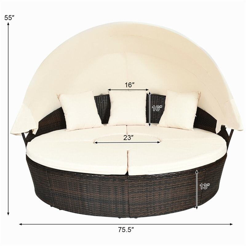 Round Patio Wicker Rattan Outdoor Daybed with Retractable Canopy - Brown