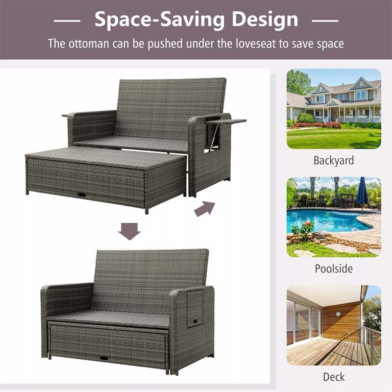 Patio Rattan Daybed Set with Multipurpose Storage Ottoman, Retractable Side Tray, Seat & Back Cushions, Adjustable Backrest Wicker Loveseat Sofa
