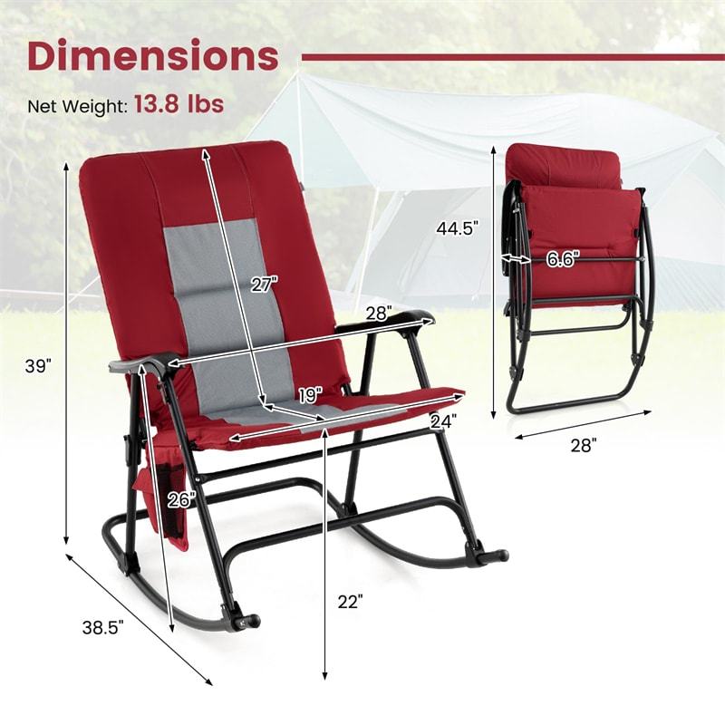 Oversized Folding Rocking Chair with Padded Seat & Metal Frame, Portable Patio Lounge Rocker for Camping, Backyard, 500 lbs Capacity