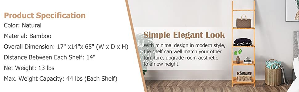 5-Tier Bamboo Ladder Plant Stand Leaning Bookshelf Display Shelf