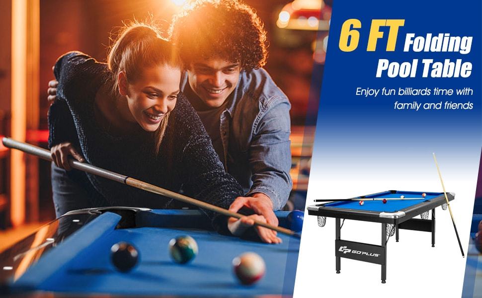 6FT Folding Pool Table 76" Portable Foldable Billiard Table for Adults Kids Family Game with Full Set of Balls, 2 Cue Sticks, Chalk & Felt Brush
