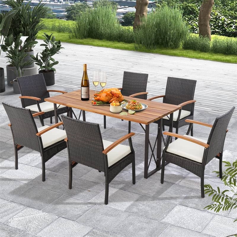 Patio PE Rattan Dining Chairs with Acacia Wood Armrests, Soft Zippered Cushions, Heavy-Duty Metal Frame Wicker Outdoor Armchairs for Balcony