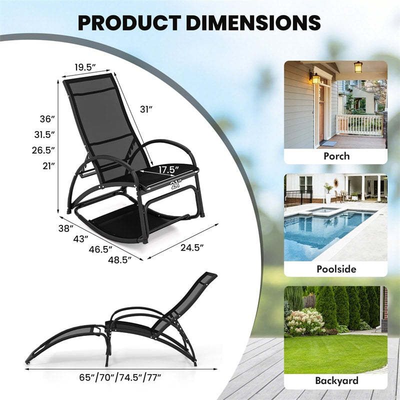 2PCS 2-in-1 Outdoor Rocking Chairs, Convertible Lounge Chairs with 4-Position Adjustable Backrest, Curved Armrest, Aluminum Frame for Poolside, Porch