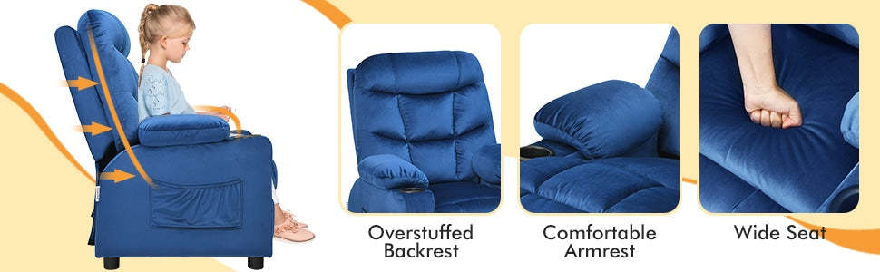 Kids Recliner Chair Adjustable Gaming Recliner Ergonomic Velvet Recliner with Cup Holder, Footrest & Side Pockets for Children Room