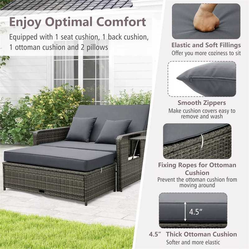 Patio Rattan Daybed Set with Multipurpose Storage Ottoman, Retractable Side Tray, Seat & Back Cushions, Adjustable Backrest Wicker Loveseat Sofa