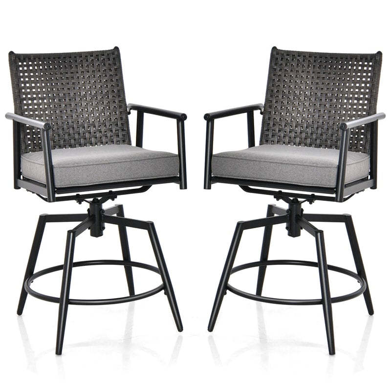 Outdoor 360° Swivel Bar Stools Set of 2 with PE Rattan Back, Removable Cushions, Metal Frame Counter Height Bar Chairs for Patio, Deck, Backyard