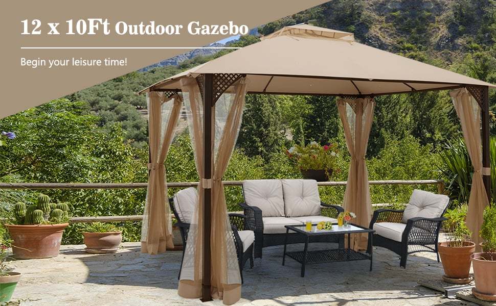 12' x 10' Outdoor Heavy Duty Patio Gazebo with Dual-Tiered Top & Netting Curtain
