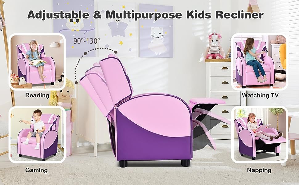 Kids Recliner Chair Adjustable Gaming Recliner Ergonomic Leather Sofa with Lumbar Support & Side Pockets
