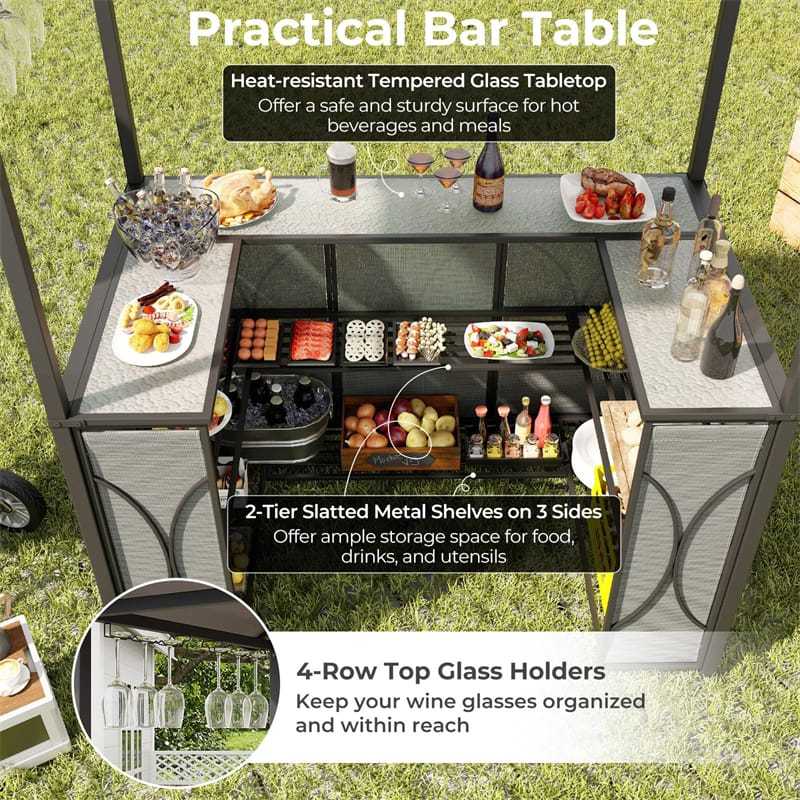 3 Piece Patio Bar Set, Grill Gazebo with 2 Bar Stools, Tempered Glass Bar Table, Double-Tier Canopy, Metal Storage Shelves for Garden, Poolside