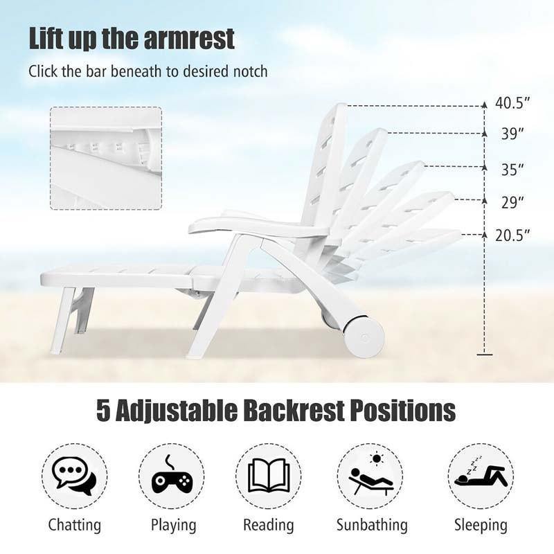 Folding Outdoor Chaise Lounge Chair 5 Position Adjustable Reclining Poolside Deck Lounger with Wheels