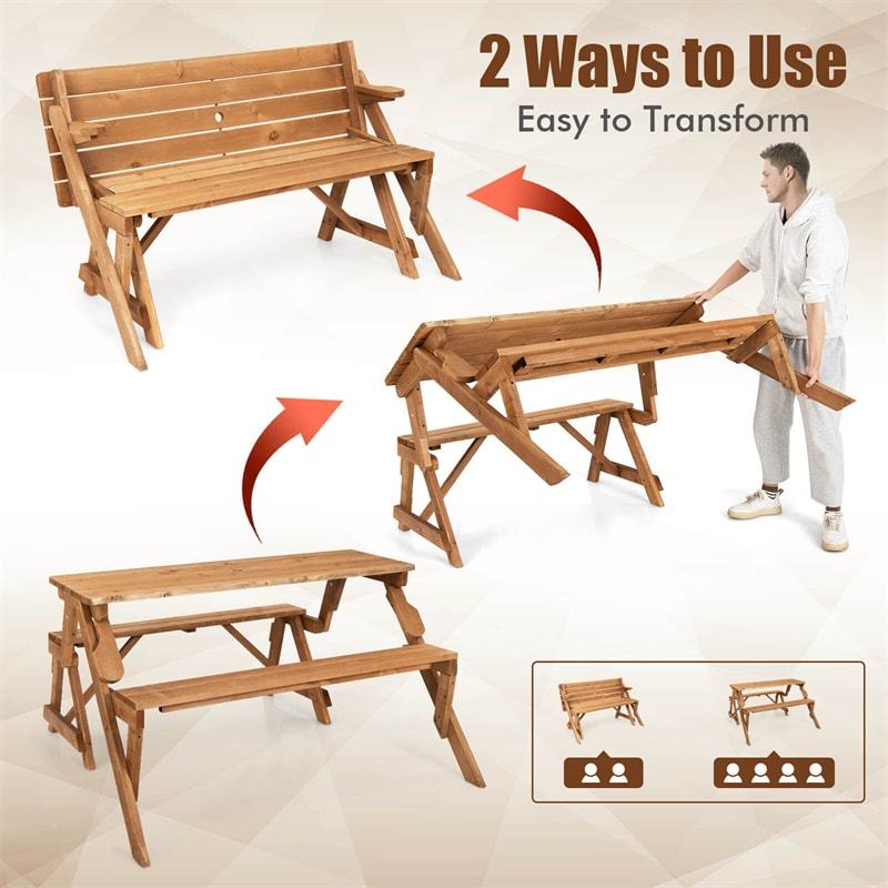 2-in-1 Convertible Wooden Picnic Table Garden Bench Set Folding Outdoor Dining Table with Umbrella Hole