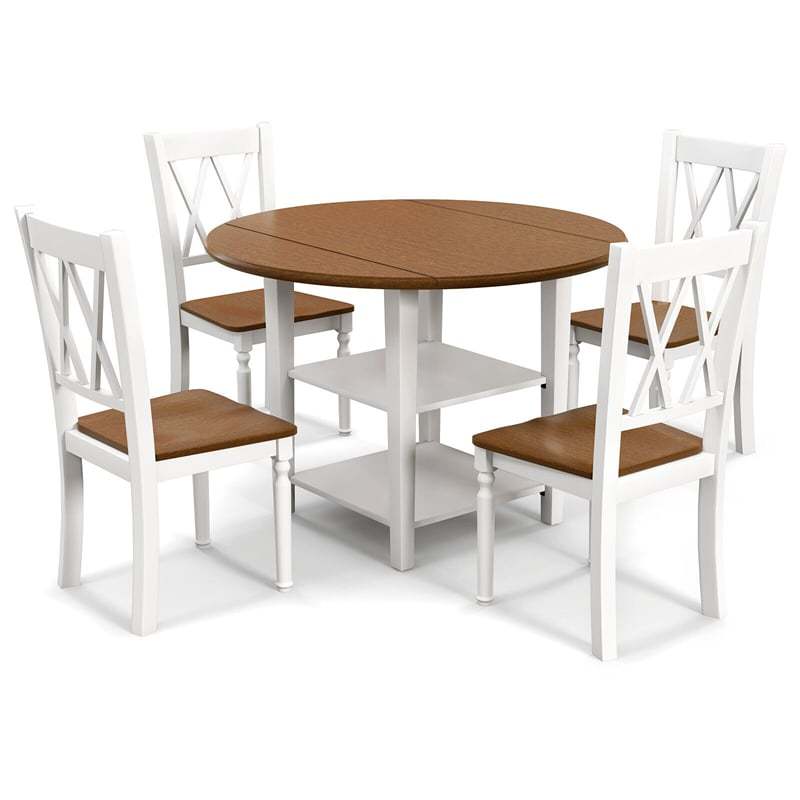 5PCS Solid Wood Dining Room Set Round Drop Leaf Kitchen Table with 4 Chairs & 2-Tier Bottom Open Shelf