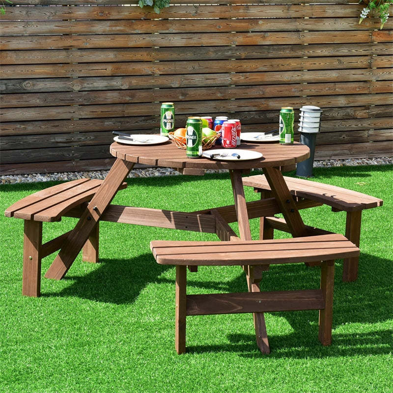 6 Person Wood Picnic Table, Outdoor Round Dining Table with 3 Built-in Benches & Umbrella Hole, 500lbs Capacity, Bench Patio Dining Set for Garden