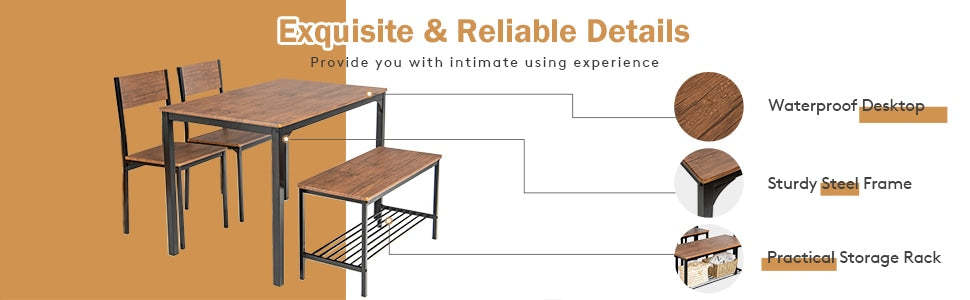 4 Piece Modern Kitchen Dining Table Set with Bench and 2 Chairs