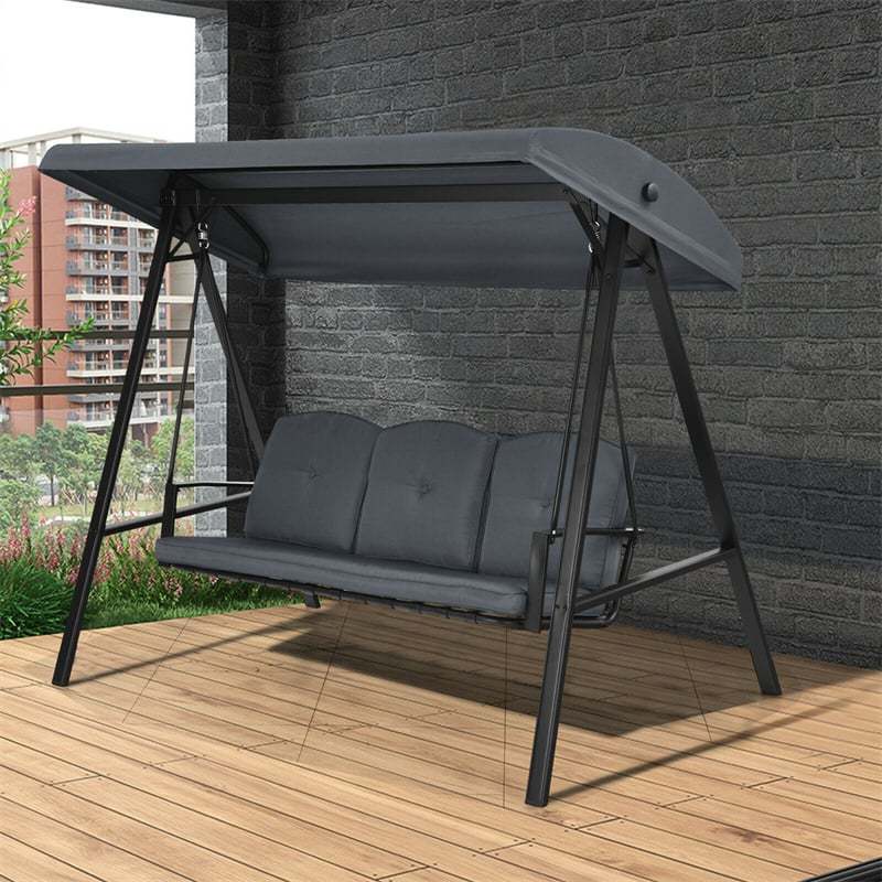 Outdoor 3-Person Patio Swing with Adjustable Canopy & Removable Cushions, All-Weather Steel Frame Porch Swing for Garden, Poolside, Backyard