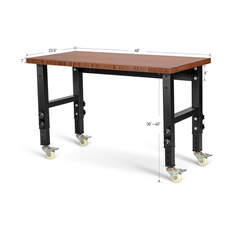 48" Heavy-Duty Mobile Workbench, Height Adjustable Work Table with Power Outlet, Removable Wheels, Bamboo Top for Garage Workshop, 2000 Lbs