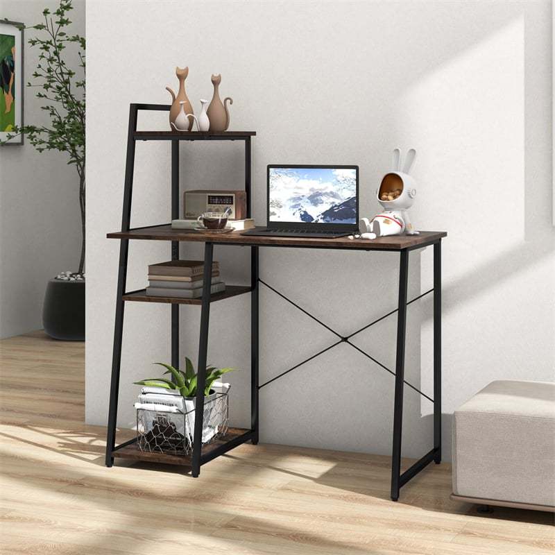 Computer Desk 47.5” Home Office Desk with Side Bookshelf & Host Stand, Metal Frame PC Laptop Workstation Study Writing Desk for Small Spaces