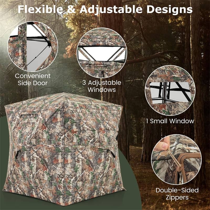 360° One-Way See-Through Hunting Blind with Full-Open Door & Portable Carrying Bag, Pop Up Ground Blind 2-3 People Hunting Tent for Deer Turkey