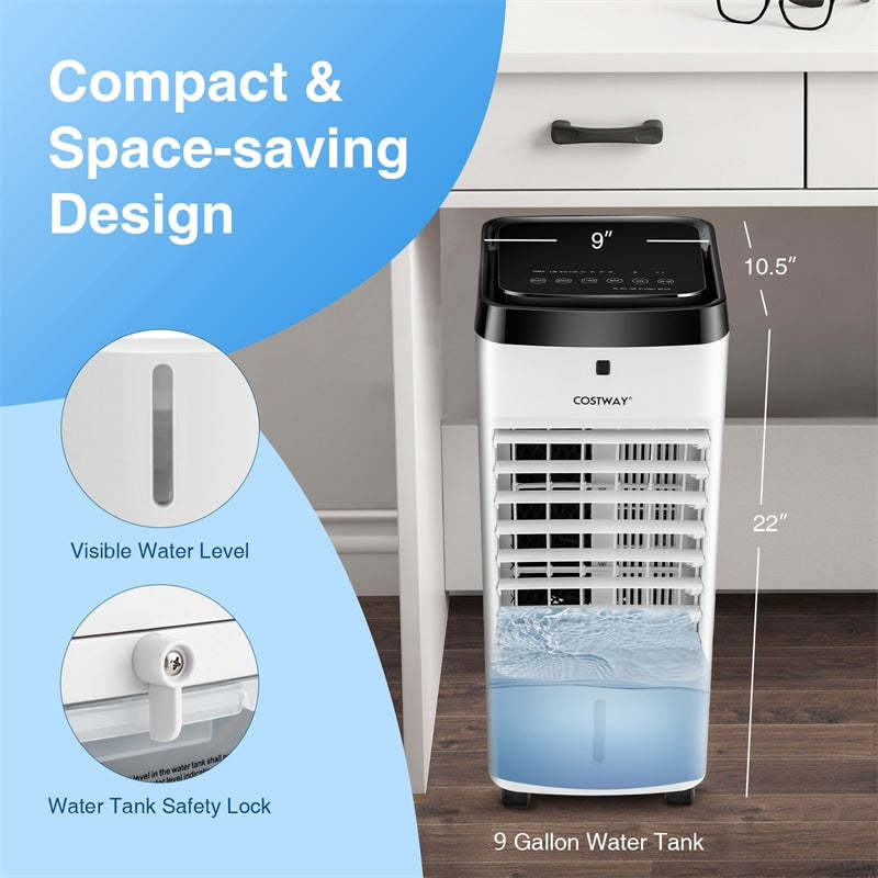 3-in-1 Portable Evaporative Air Cooler, Quiet Swamp Cooler with Remote Control, 9Gal Water Tank, Ice Packs, 70° Oscillation for Home Office, Bedroom