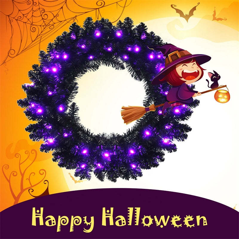 24 Inch Pre-lit Black Halloween Wreath with 35 Purple LED Lights