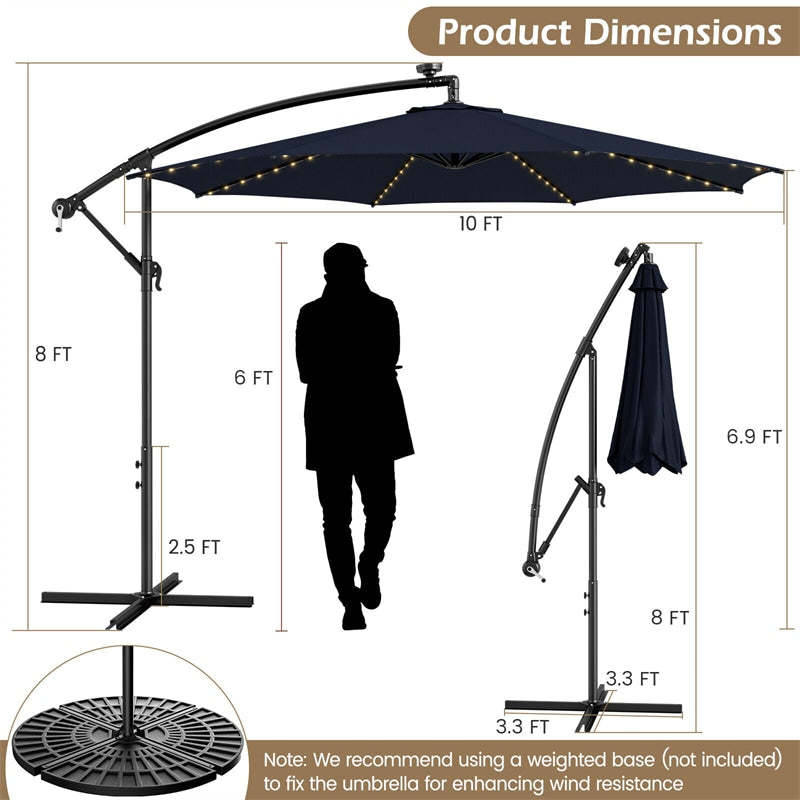 13 ft. x 10 ft. Aluminum Patio Cantilever Umbrella in Black Double Top Offset Umbrella with Solar Lights and Cross Stand