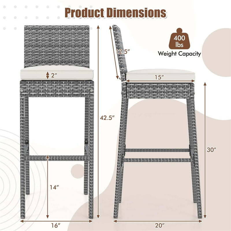 Wicker Outdoor Bar Stools Set of 2, Heavy-Duty Metal Frame Bar Height Patio Chairs with Soft Seat Cushions & Footrests