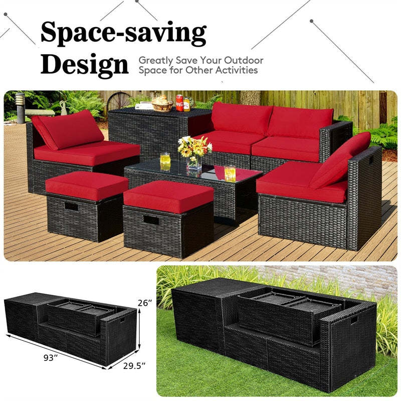 8PCS Wicker Outdoor Sectional Set, Patio Rattan Furniture Set with Storage Box, Coffee Table, Sofas, Ottomans, Cushions & Waterproof Cover