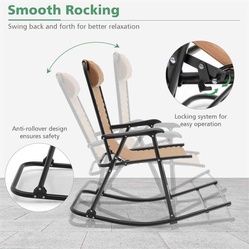 2PCS Folding Zero Gravity Rocking Chairs, High Back Outdoor Camping Rockers with Pillows, Armrests & Footrests, Portable Patio Lawn Chairs