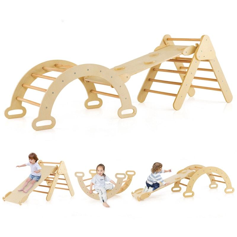 5-in-1 Toddler Climbing Toys, Montessori Wooden Climber Pikler Triangle with Sliding Ramp & Arch Ladder, Kids Play Gym Set for Indoor Fun