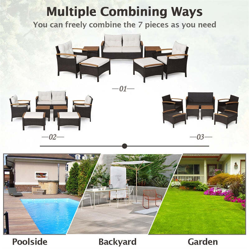 7 Piece Patio Rattan Sofa Set Outdoor Wicker Conversation Set with Seat & Back Cushions 2 Coffee Tables