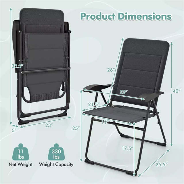 Set of 2 Folding Patio Chairs with 7-Position Adjustable Backrest, Padded Outdoor Reclining Chairs for Backyard Garden Deck, 300 lbs Capacity
