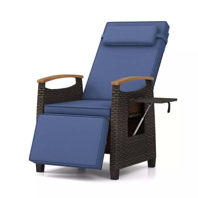 Outdoor Wicker Recliner Chair with Adjustable Backrest, Footrest, Flip Side Table & Cushion, Patio Rattan Chaise Lounge for Backyard Porch