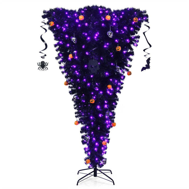7FT Upside Down Artificial Christmas Tree Black Halloween Tree for Holiday Decorations with 400 Purple LED Lights