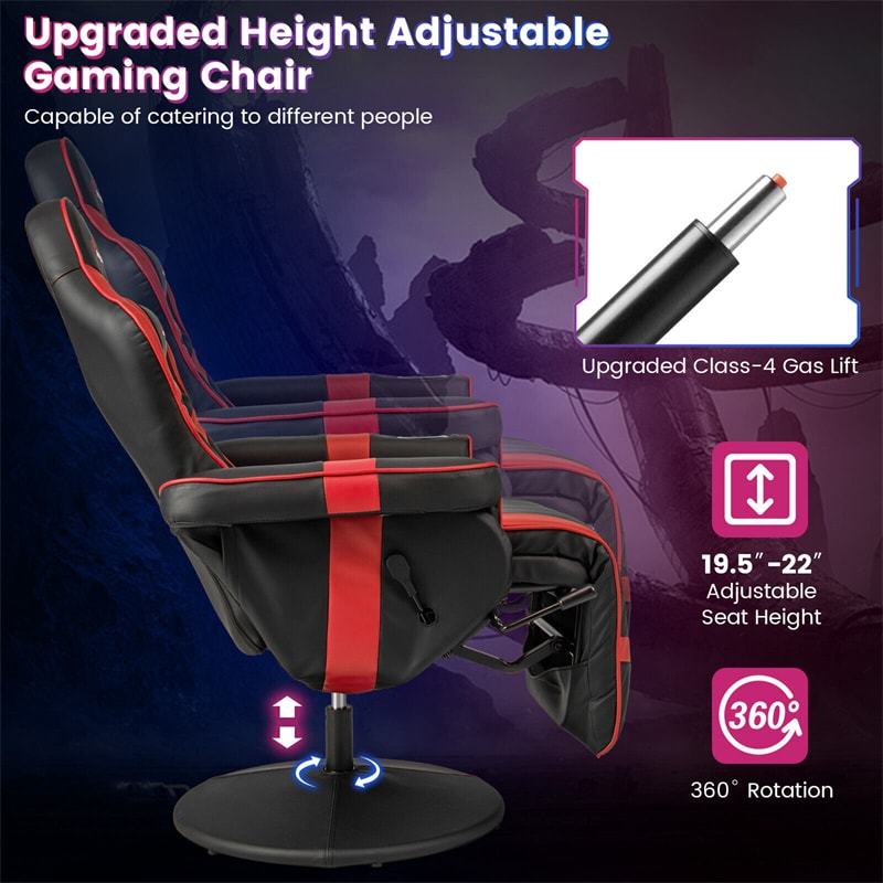 Gaming Recliner Adjustable Height Massage Gaming Chair with Retractable Footrest & Cup Holder, Ergonomic Swivel Video Game Chair Recliner Sofa