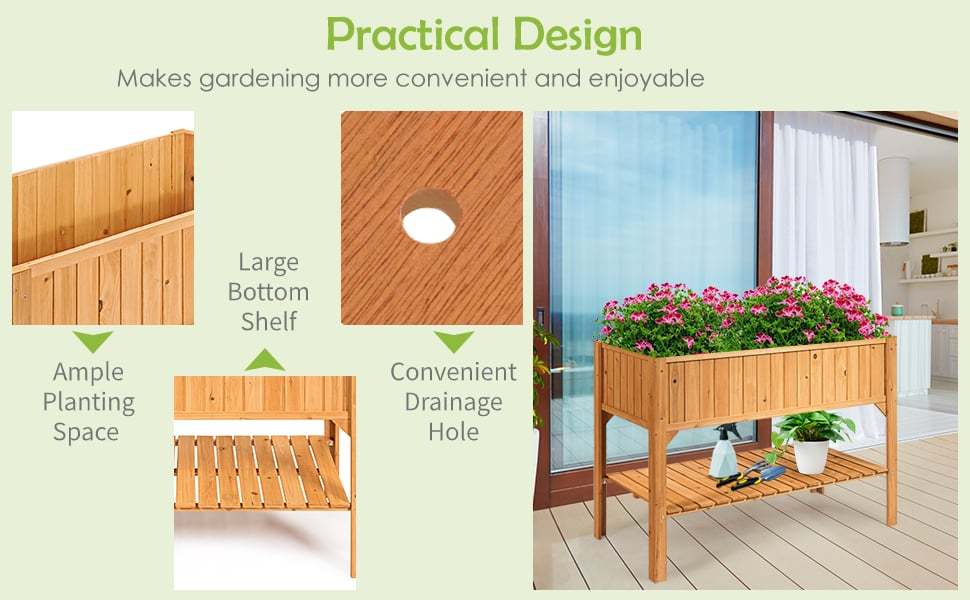 Raised Garden Bed Outdoor Fir Wood Elevated Planter Box Standing Herb Garden Planter with Storage Shelf