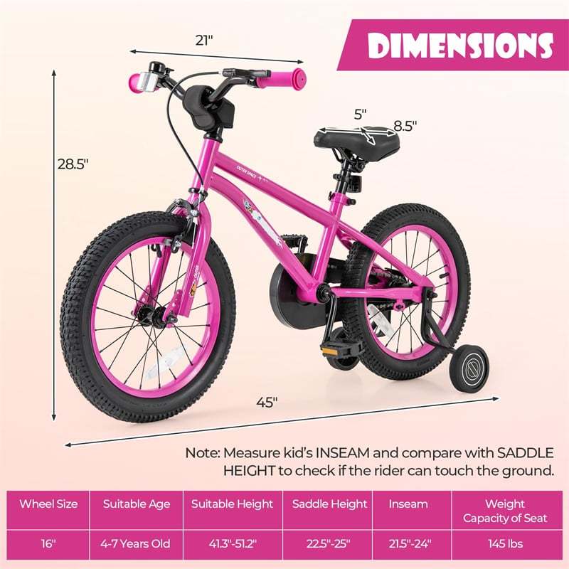 16-Inch Kids Bike, Sports Bicycle for 4-7 Years Old with Height Adjustable Seat, Fully Enclosed Chain Guard & Removable Training Wheels