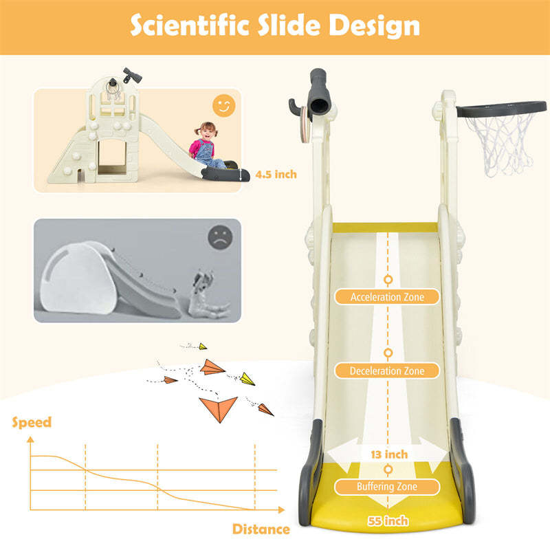 6-in-1 Large Slide for Kids, Toddler Climber Slide Playset with Basketball Hoop, Ring Toss, Freestanding for Indoor & Outdoor Use