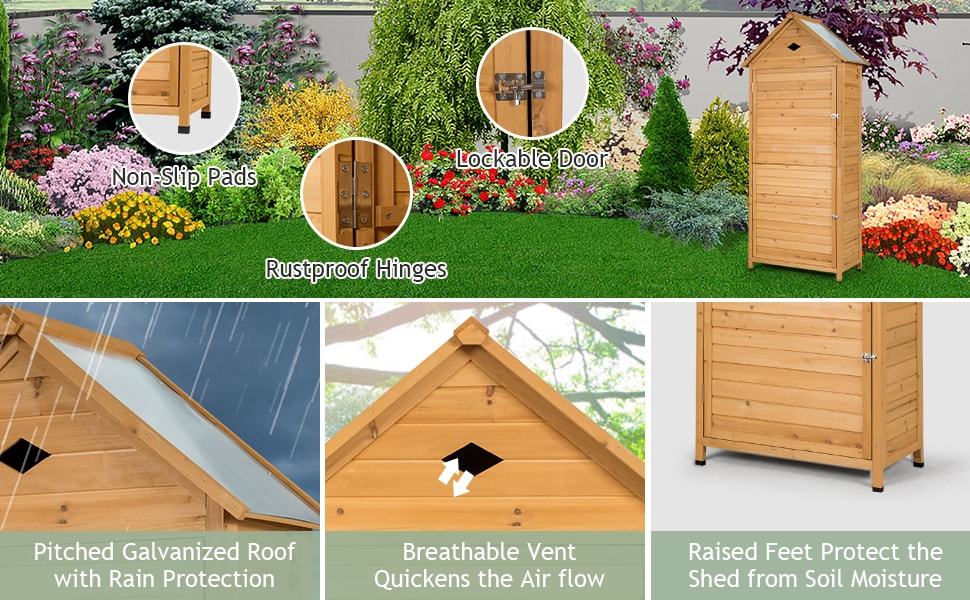 70" Wooden Outdoor Storage Shed Lockable Garden Tool Cabinet with 5 Shelves & Galvanized Sheet Roof