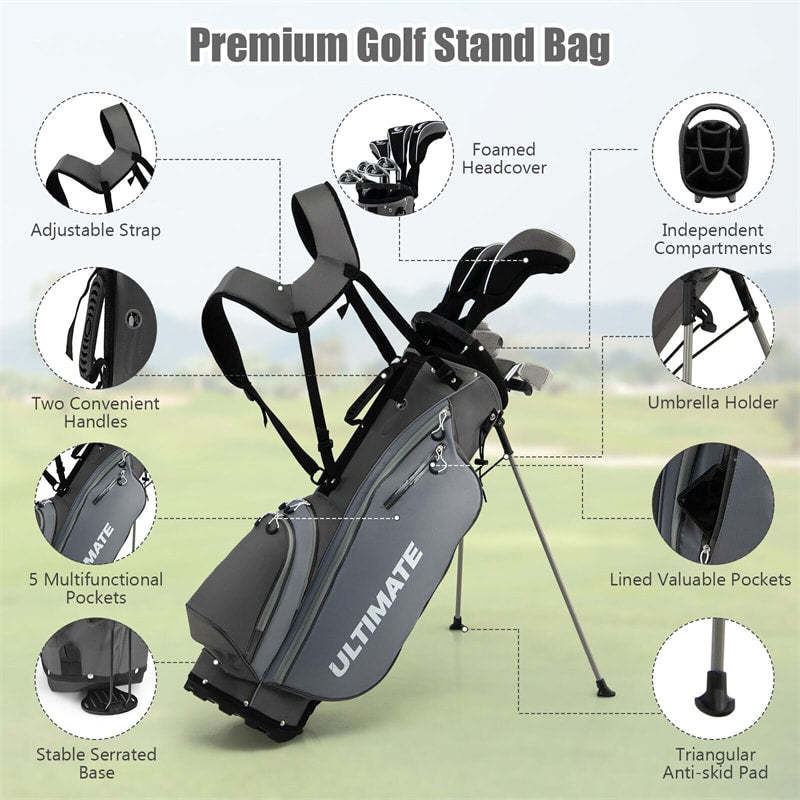 10 Pieces Men's Golf Club Set Right Hand, Complete Golf Club Package Set with 460cc #1 Driver, #3 Fairway Wood, Hybrid, Irons, Putter & Bag