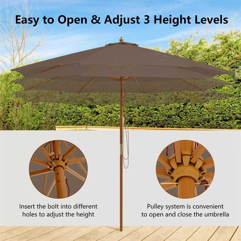 10FT Wooden Patio Umbrella with Rope Pulley Lift, 3 Height Adjustments, 8 Bamboo Ribs, Vented Roof Outdoor Table Umbrella for Poolside, Backyard