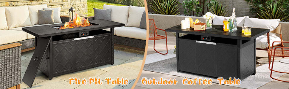 57" Rectangular Propane Fire Pit Table 50,000 BTU Auto-Ignition Patio Gas Fire Pit Table with Lid & Lava Rocks