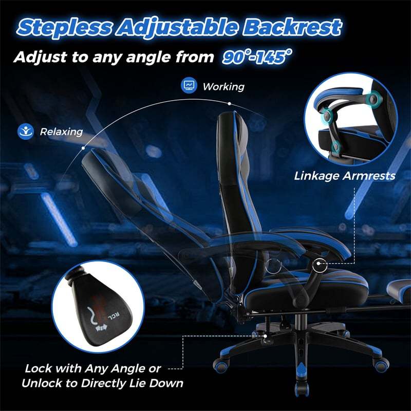 E-Sports Gaming Chair Ergonomic Racing Style Office Computer Chair Height Adjustable Reclining Video Game Chair with Lumbar Support & Footrest