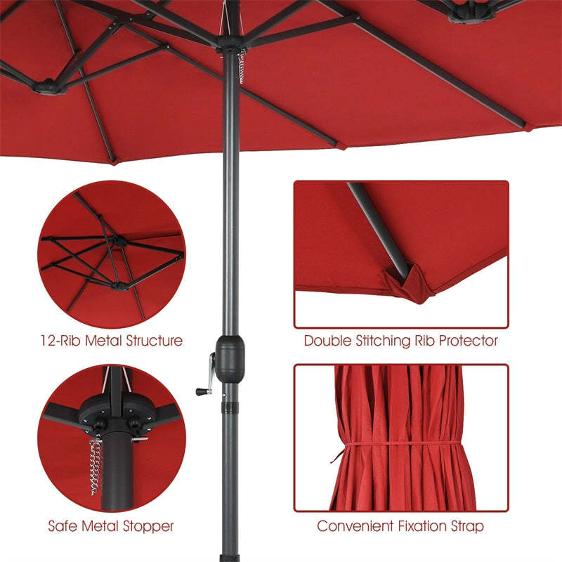 15FT Double-Sided Patio Umbrella Twin Outdoor Market Umbrella with 12-Rib Structure