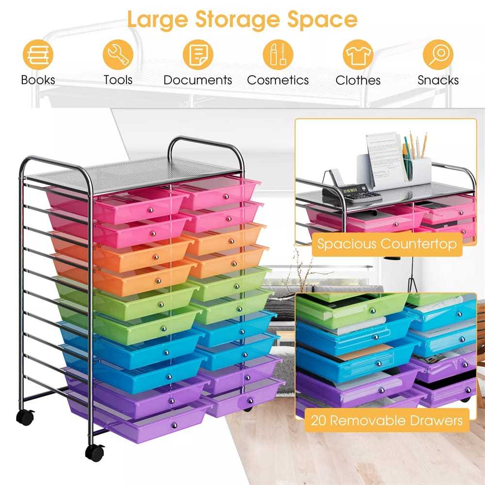 Storage Drawer Cart, 20-Drawer Rolling Cart Organizer with Lockable Wheels, Mobile Utility Cart for Office School Art Craft Supplies