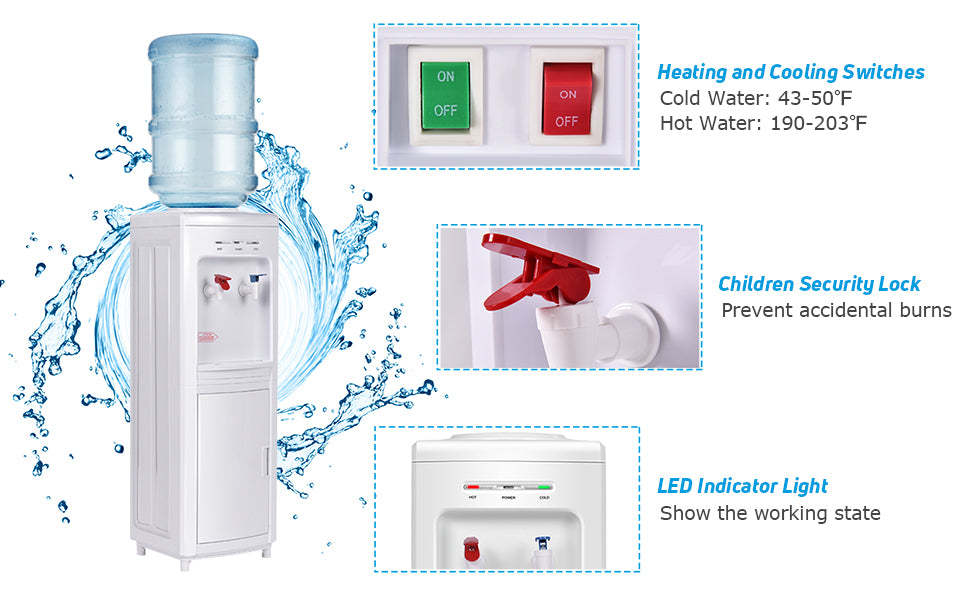 Top Loading Water Cooler Dispenser 3-5 Gallon Bottle Hot & Cold Water Cooler with Child Safety Lock for Home Office School