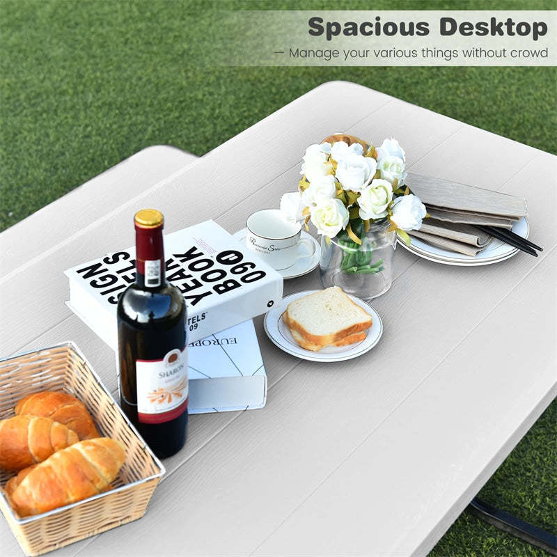 Outdoor Picnic Table Bench Set, All-Weather Metal Frame Camping Table with Built-in Benches & Wood-Like Tabletop for Backyard, Patio, Poolside