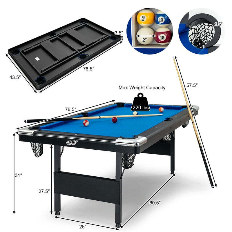 6FT Folding Pool Table, 76" Portable Billiard Table with Accessory Kit, 2 Cues, 16 Balls, Chalk, Brush, Adjustable Feet for Kids & Adults Family Game