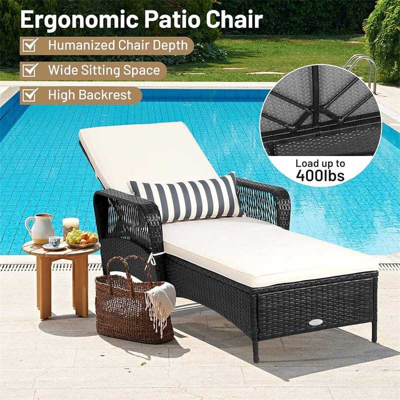 2PCS Rattan Outdoor Chaise Lounge Chairs w/ 6-Gear Adjustable Backrest, Removable Cushions, Pillow, Patio Sun Lounger for Poolside, Balcony