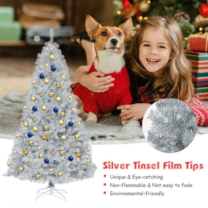 7.5Ft Unlit Artificial Christmas Tree Spruce Hinged Silver Tinsel Tree with Metal Stand